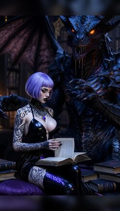 Tattooed Sorceress Reads Forbidden Tome Beside Fierce Dragon