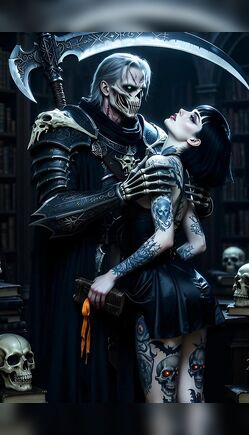 Tattooed Goth Girl Embraces Death Reaper in Dark Library