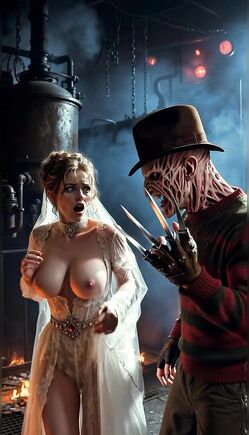 Bride in Lace Dress Teases with Freddy Krueger in Boiler Room