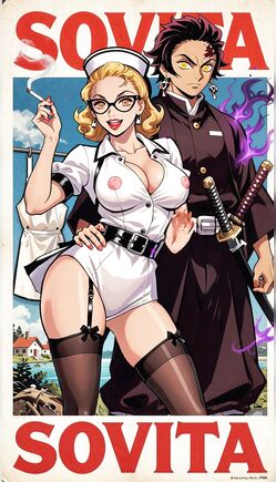 Busty Blonde Nurse Teases with Samurai in Retro Propaganda Poster Style