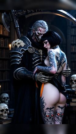 Tattooed Goth Girl Embraces Armored Death Knight in Dark Library
