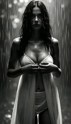 Wet Brunette Slowly Strips in Pouring Rain