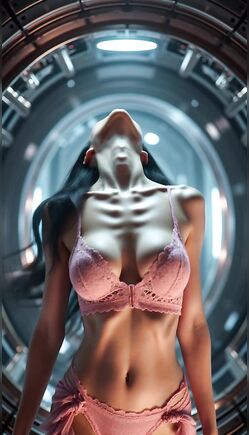 Brunette Space Babe Poses in Pink Lingerie Pod