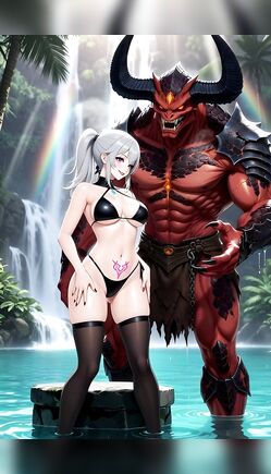 Silver-Haired Babe in Pink Lingerie with Demonic Horned Beast