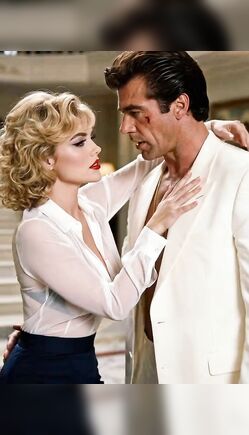 Blonde Seductress Passionately Kisses Suave Man in Luxurious Mansion