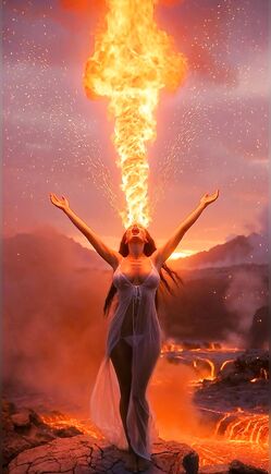Mystical Woman Channels Fiery Lava Vortex in Volcanic Landscape