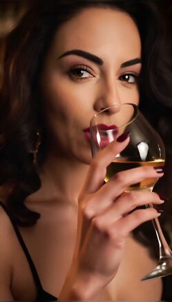 Sultry Brunette Sips Wine Seductively in Dim Bar