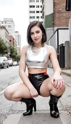 Brunette in Silver Crop Top Squats in Urban Street