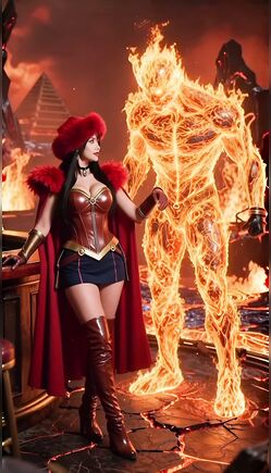 Fiery Wonder Woman Poses with Flaming Male Figure in Epic Scene
