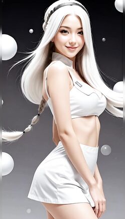 White-Haired Asian Beauty Teases in Tiny Skirt with Floating Pearls