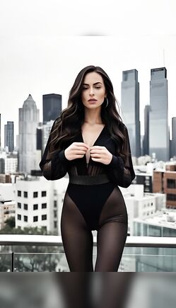 Brunette in Sheer Black Bodysuit Teases on City Rooftop