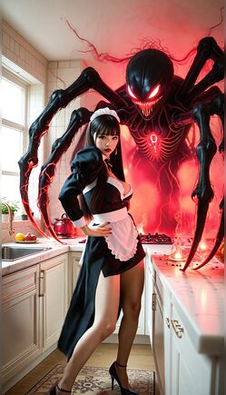 Busty Asian Maid Teases with Giant Spider in Fiery Kitchen