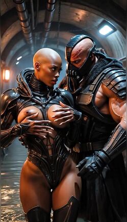Bald Muscular Cyborg Couple Embrace in Futuristic Corridor