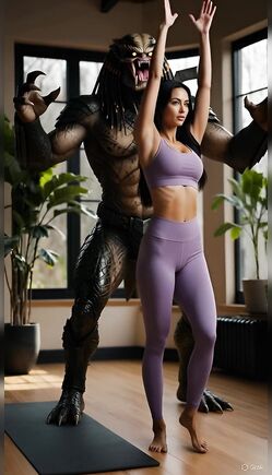 Brunette Yoga Girl Poses with Predator Alien in Home Studio