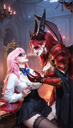 Pink-Haired Demoness Passionate Kiss with Horned Devil
