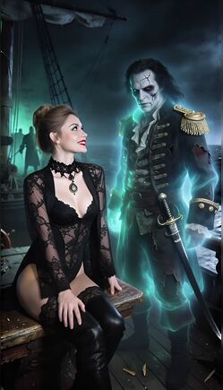 Seductive Pirate Queen with Ghostly Captain on Ship