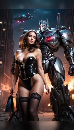 Seductive Woman in Corset Posing with Giant Mecha Robot