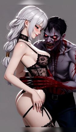Silver-Haired Succubus Embraced by Bloody Zombie