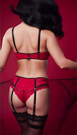 Brunette in Red Lace Lingerie Twirling Seductively