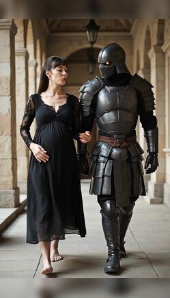 Pregnant Woman in Black Lace Dress with Armored Knight