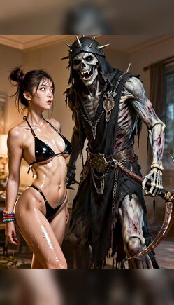 Seductive Asian Beauty Posing with Undead Warrior in Bedroom