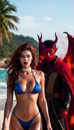 Seductive Woman in Blue Bikini with Demonic Horned Figure on Beach
