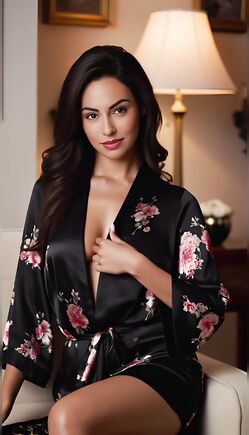 Elegant Brunette in Floral Black Satin Robe Teasing Seductively