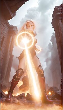 Epic Blonde Warrior Unleashes Magic Orbs in Ruins