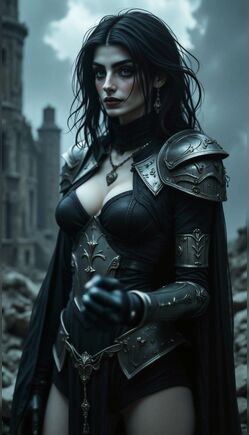 Dark Armored Warrior Queen Poses in Stormy Ruins