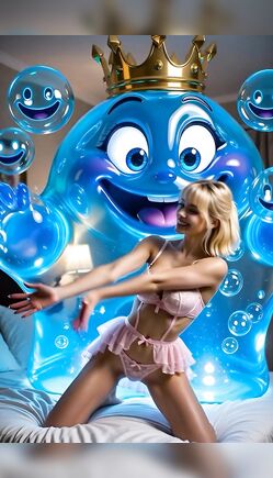 Blonde Babe Plays with Giant Smiling Blue Slime King