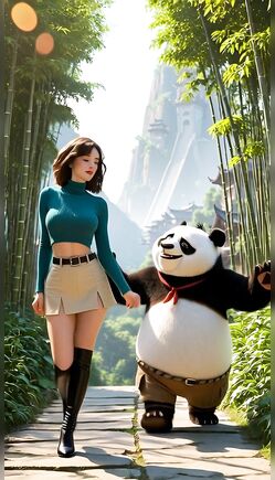 Playful Brunette Walks with Cute Panda in Fantasy Forest