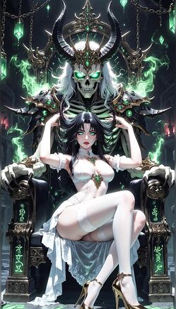 Dark Fantasy Queen in White Lingerie on Skull Throne