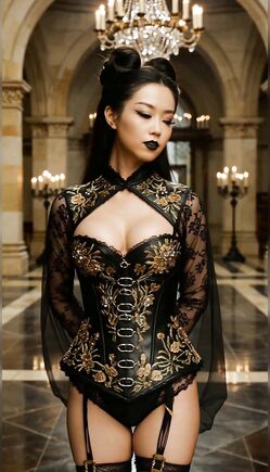 Exotic Asian Beauty in Ornate Lace Corset Tease