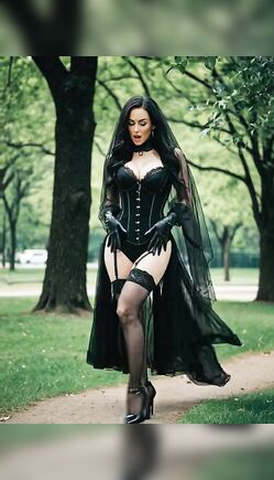 Gothic Brunette in Corset and Veil Struts Through Park