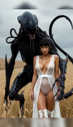 Seductive Brunette in Sheer Dress Poses with Xenomorph Alien
