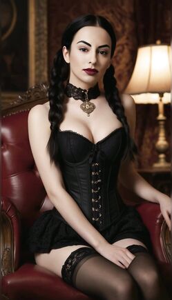 Brunette in Black Corset Teases on Luxurious Leather Armchair