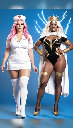 Pink-Haired Nurse and Black Queen Pose with Lightning Effects