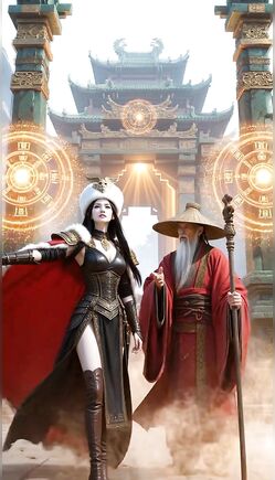 Mystical Asian Warrior Queen and Monks at Grand Temple Gate