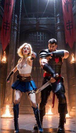 Fantasy Warrior and Sexy Fighter Battle in Fire Temple