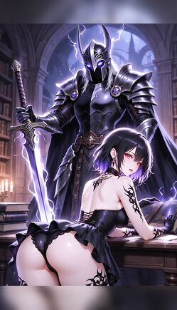 Gothic Anime Girl in Black Lingerie Kneels Before Armored Dark Knight