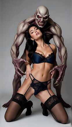 Muscular Demon Monster Dominates Kneeling Beauty