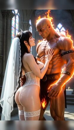 Bride Embraced by Muscular Warrior in Fiery Cathedral