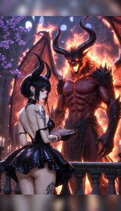Gothic Girl Worships Massive Horned Demon Lord