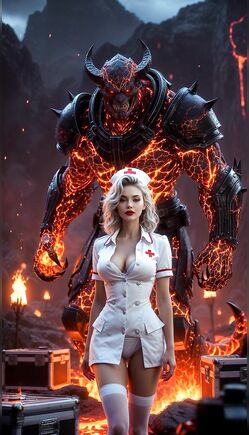 Infernal Guardian Protecting a Fearless Nurse in Burning Hellscape