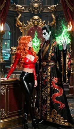 Seductive Redhead Confronts Dark Sorcerer with Green Magic