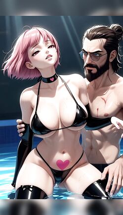 Anime Couple Sharing Intimate Moment in Neon Lit Pool