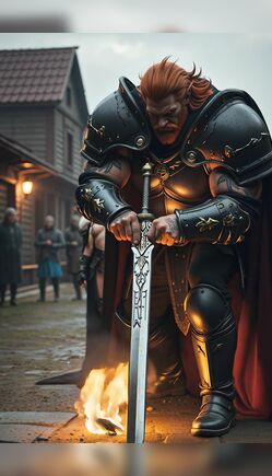 Giant Armored Warlord Standing Beside a Fearless Warrior