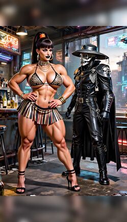 Powerful Female Bodybuilder Standing in Neon Cyberpunk Bar