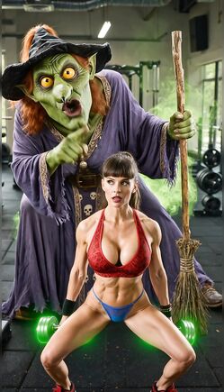 Fitness Woman Training While Mischievous Witch Watches in Gym