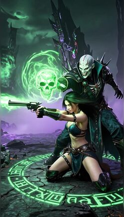 Dark Necromancer Casting Magic Behind Armed Warrior Woman